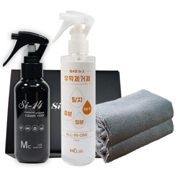 엠씨랩 자동차 잔사없는 셀프 유리막 발수 코팅 코팅제 관리제 유막제거제 타올2장 세트, 2개, 120ml