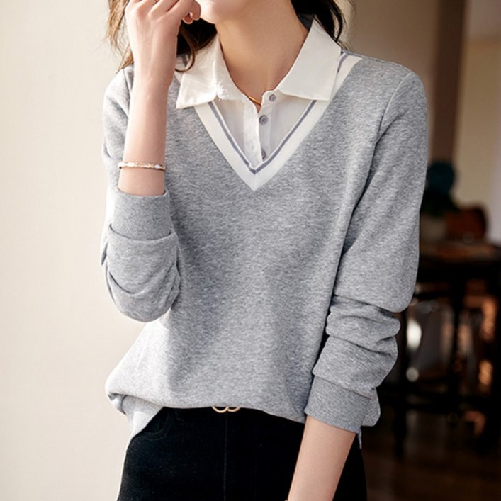데일로엔 여성 셔츠 레이어드 브이넥 스웨트 긴팔 티셔츠