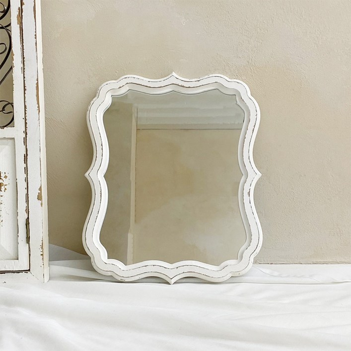 빈티지 프렌치 쉐비 화이트 엔틱 벽걸이 거울 우드 카페 화장대 매장 인테리어 A32X39, 화이트
