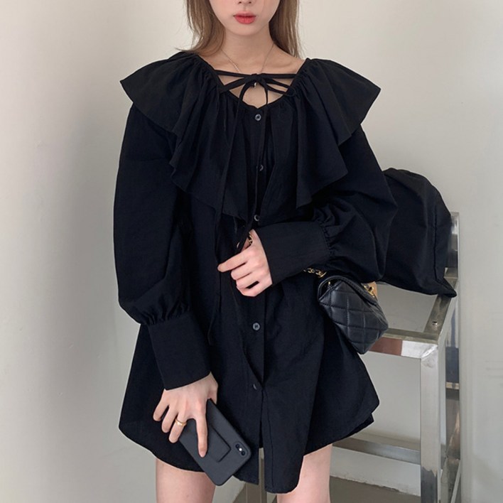 메이첼 여성용 블랑리 빅사이즈 프릴 루즈핏 롱 셔츠 블라우스 01981