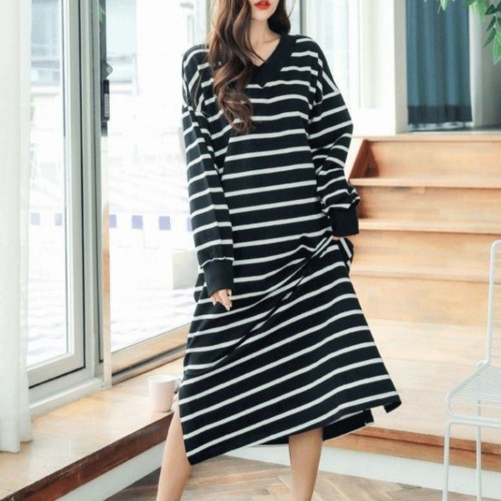 구디프 여성용 루즈핏 스트라이프 롱원피스 포근 데일리 보온 원피스