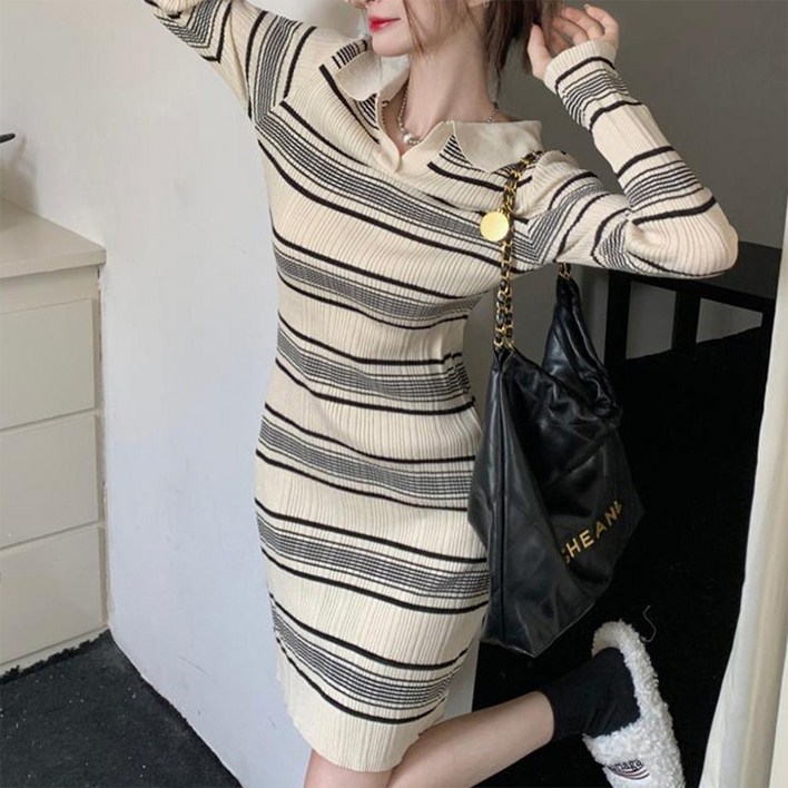 구디프 여성용 스트라이프 카라 니트원피스