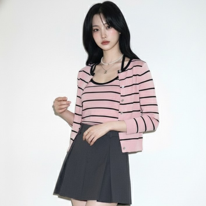 페이퍼먼츠 여성용 스트라이프 홀터넥 나시  가디건 세트 13869