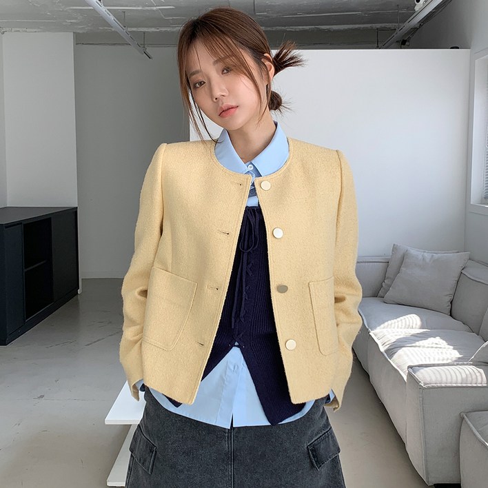 반에이크 여성용 트위드 라운드넥 배색JK