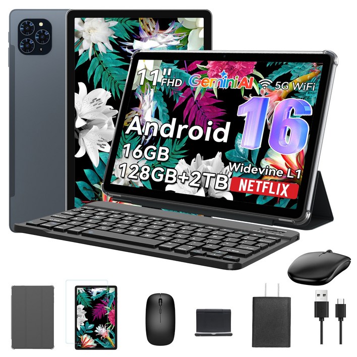 TABWEE 2026 최신형 태블릿 Android16 Gemini AI 11인치 태블릿PC 16GB +128GB 2TB확장 옥타코어 게이밍 테블릿 pc 9in1 키보드세트, Wi-Fi, 128GB, 회색