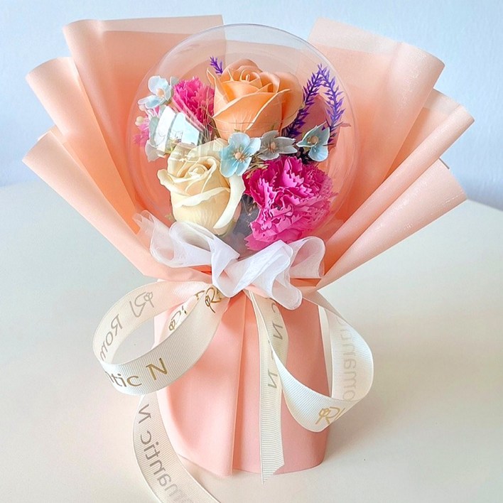 로맨틱앤 풍선꽃다발 카네이션 장미 꽃다발 LED 아크릴 꽃풍선 화환, 피치믹스+일반형꽃다발, 1개