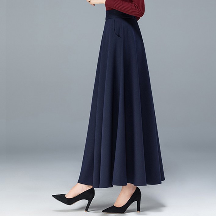 TIMEPURE 봄가을 신상 모던 하이웨이스트 A라인 롱 스커트 카키색 플레어 실루엣 솔리드 드레이피 원단