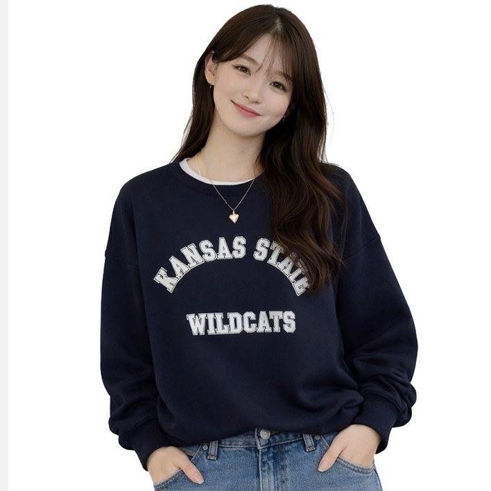 후쿠호 여성 와일드 캣츠 기모 맨투맨 라운드넥 티셔츠 캐주얼 겨울 봄 가을 긴팔