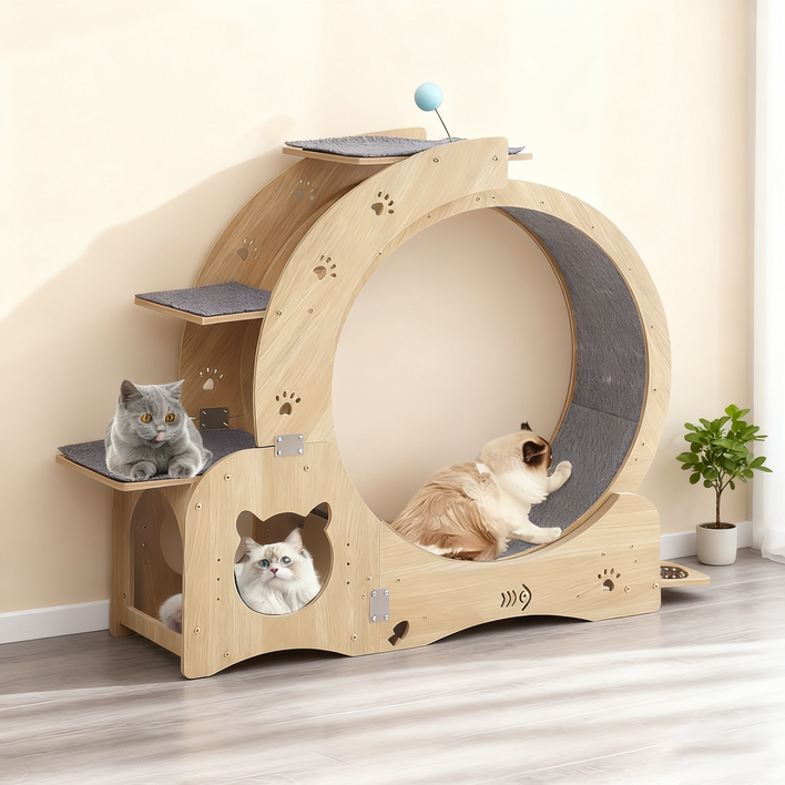 New World 고양이 캣 휠 워커 트레드밀 스크래쳐 펫 롤링 장난감 고양이 러닝머신 고양이 기어오르기 장난감 고양이 그릇 일체형 MPD02, 1개, 원목색