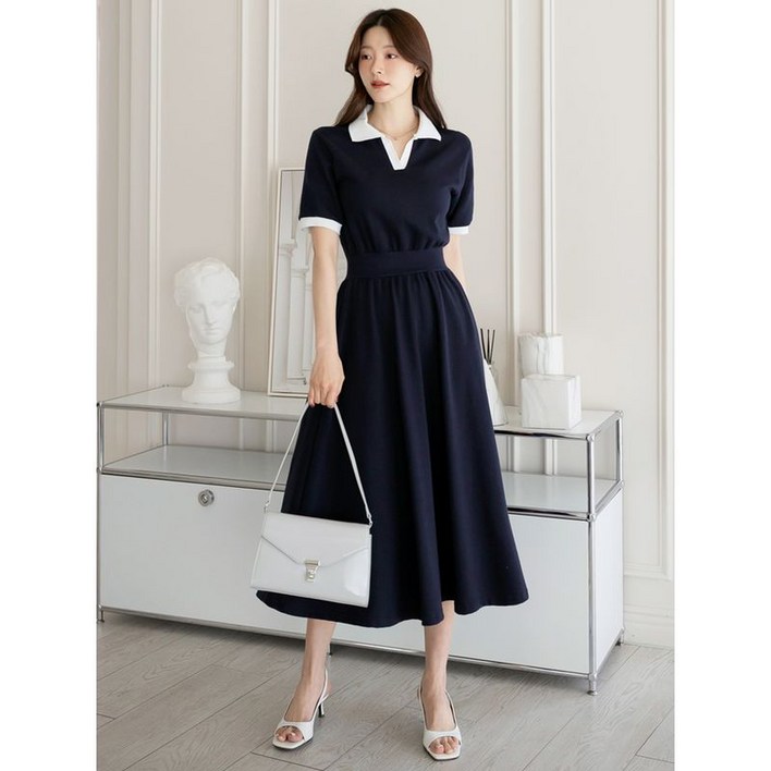 시크라인세렌티 오픈 카라 배색 밴딩 플레어 원피스 여름 데일리 일상 데이트룩 나들이룩 출근룩 베이직 빅사이즈