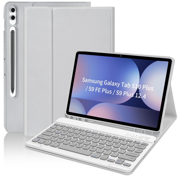 갤럭시탭 겸용 블루투스 키보드 케이스 S펜 수납 키보드 한글 각인 프리미엄 다이어리 케이스 탈부착 키보드 스마트 각도 조절 케이스, 회색, 1개
