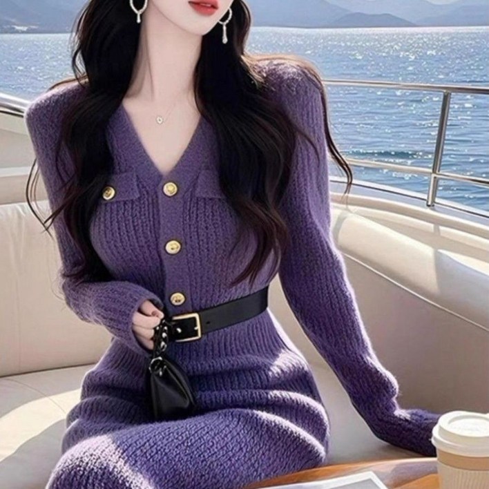 여성 카라넥 골지 니트 원피스 슬림 A라인 롱 스커트  겨울 원피스