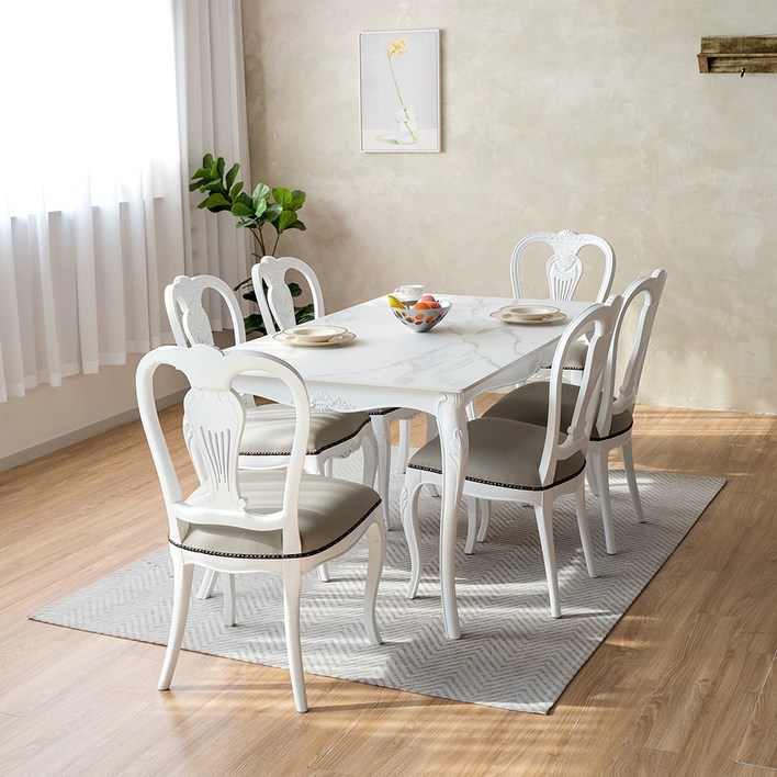 피어젠가구 린 6인식탁세트 화이트 세라믹상판 식탁, 6인식탁의자6개