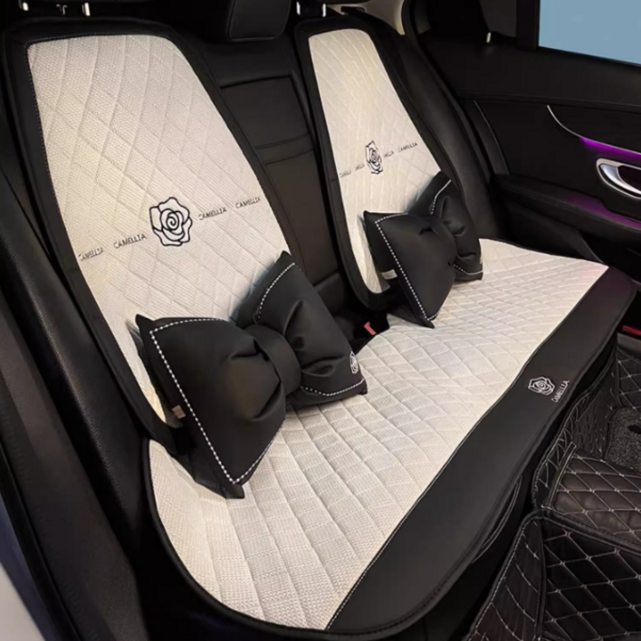 파파무니 자동차 린넨 사계절용 통풍 리본 시트커버 쿠션 방석 세트, 화이트 뒷좌석1세트, 1개
