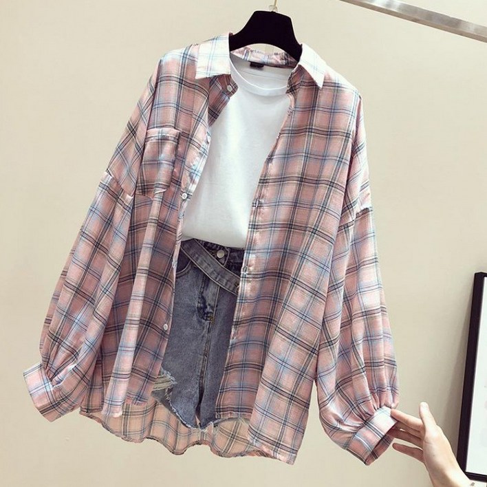 여성용 데일리 체크셔츠 루즈핏