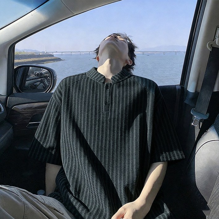 FINE ART 남성 여름 스트라이프 루즈핏 반팔 니트 데일리 반팔티