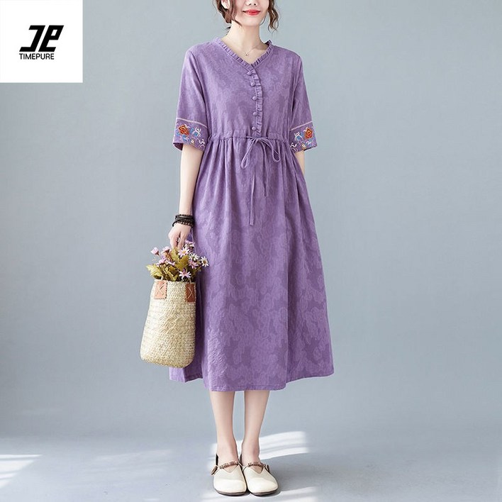 여름 에스닉 면 마 원피스 여 고급 허리 조임 루즈핏 날씬해 보이는 기질 린넨 스커트 개량 한복 일상복 나들이룩