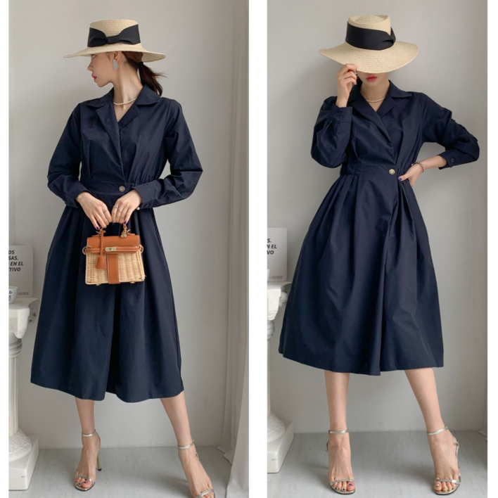 엣지룸 롱 카라 허리 뒷밴딩 원피스 오픈단추 하객룩