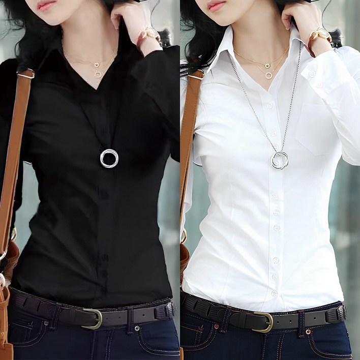 11 여성 슬림핏 긴팔 셔츠 셔링 블라우스 기본 베이직 긴팔 화이트 블랙 와이셔츠