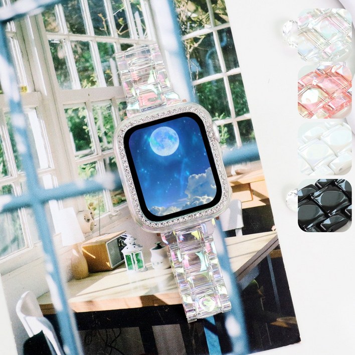 오르몽트 세트 애플워치 오로라 스트랩 투명 핑크 블랙 화이트 홀로그램 밴드 큐빅커버스트랩 시계줄 40mm 41mm 44mm 45mm 호환