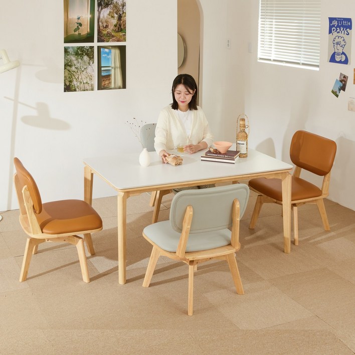 헤닝 오트밀 세라믹 4인 낮은식탁 세트 1400 회전의자4