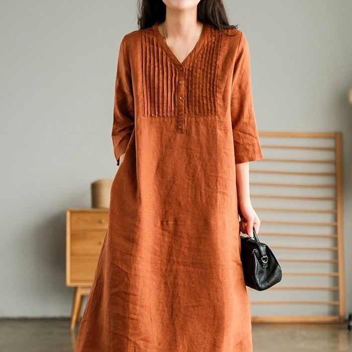 봄 여름 리넨 5분 소매 세련 연상적 패션 원피스 여성용 캐주얼 V넥 얇은 소매 긴 원피스 스타일 더위 흡수