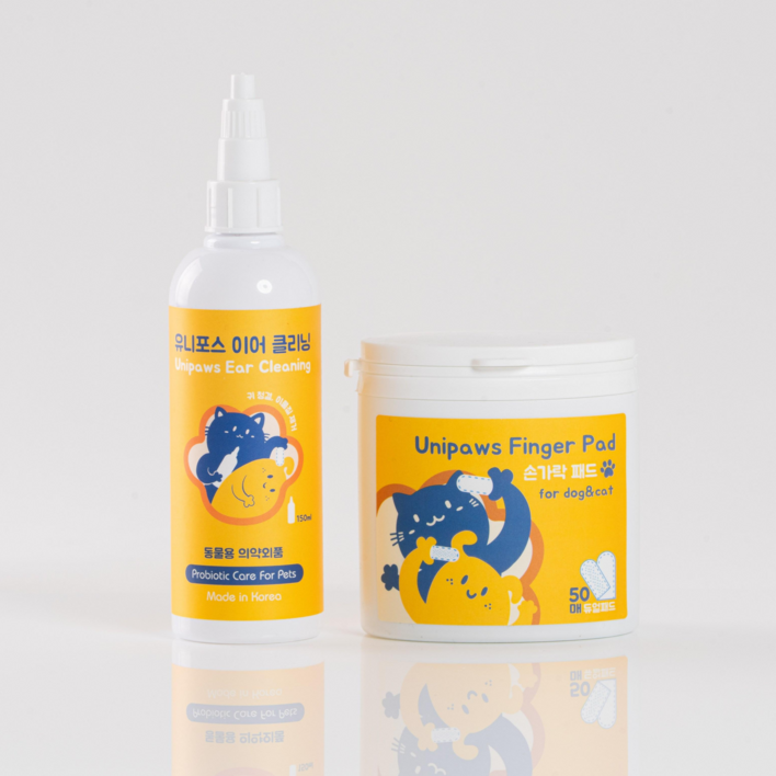 유니포스 강아지 고양이 저자극 이어 클리닝 손가락 패드 세트, 이어케어 귀세정제,150ml+손가락패드50매, 1세트, 150ml