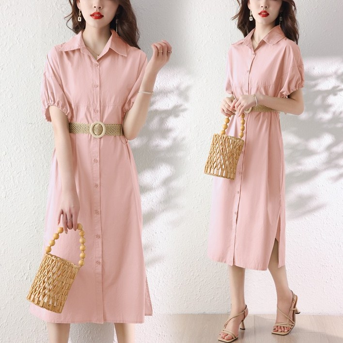 여름 한국판 넥 퍼프 소매 루즈핏 미디엄 솔리드 셔츠 원피스