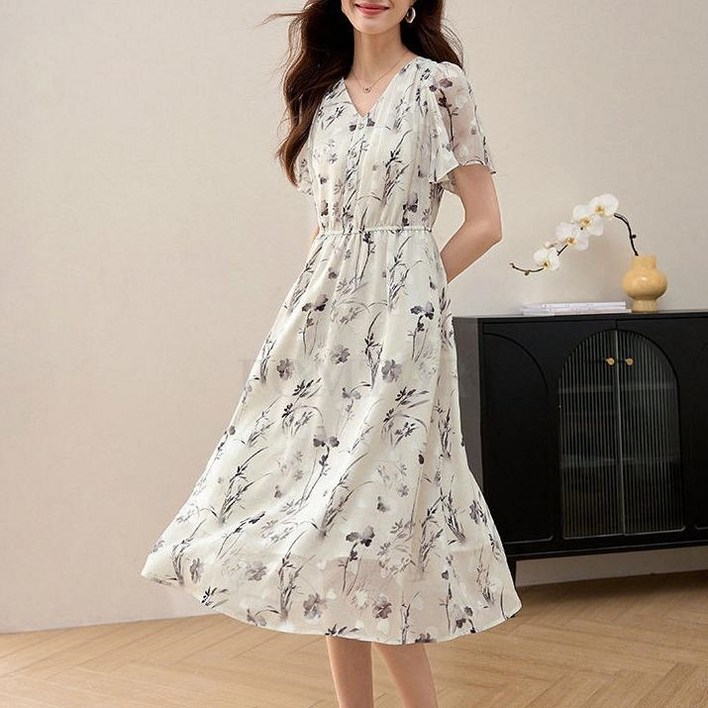 POMTOR 여자 핫한 쉬폰 반팔 브이넥 롱 원피스