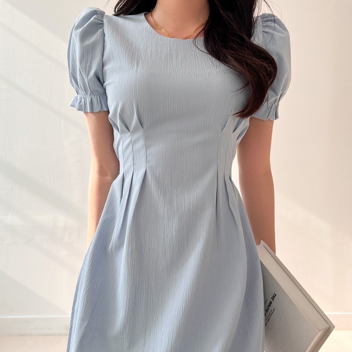 투디 린넨 플레어 라운드 반팔 핀턱 롱원피스, 3컬러