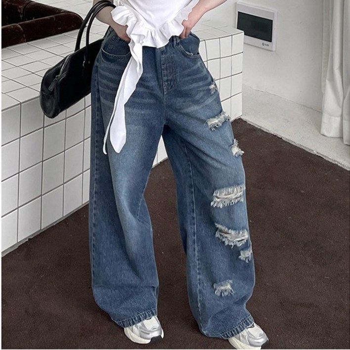 UPPERCUT 여아 밴딩 찢어진 데님 와이드 팬츠 주니어 청바지