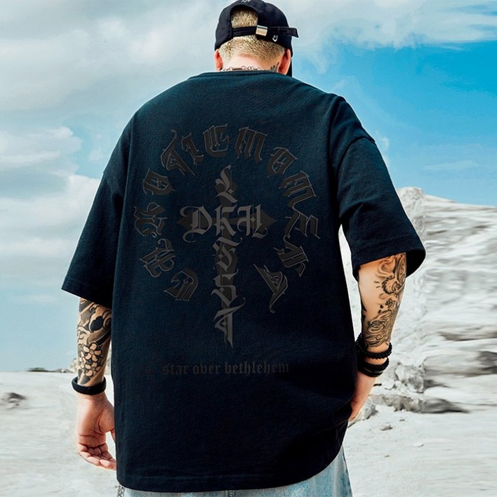 남자반팔티 오버핏 프린트티셔츠 스판 라운드 십자가