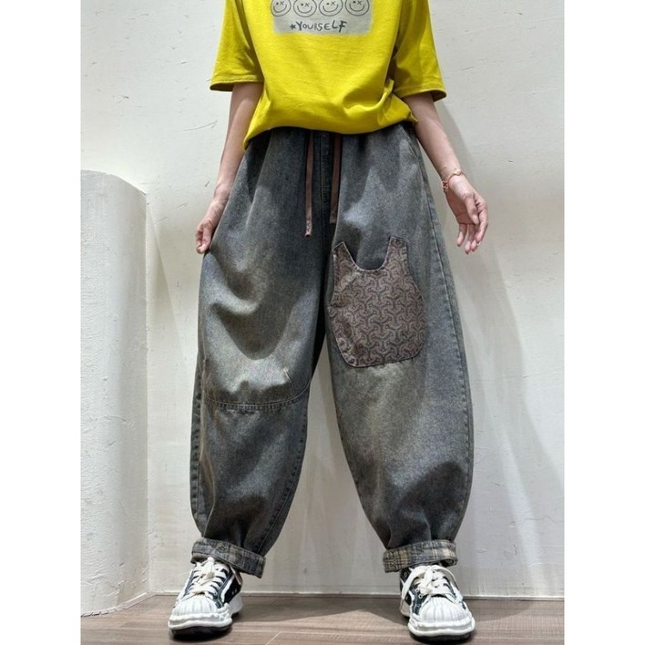 PEROLA 여성 빅사이즈 기모 청바지 스트링 밴딩 배기팬츠 캐주얼 가을 겨울 워싱 데님 팬츠