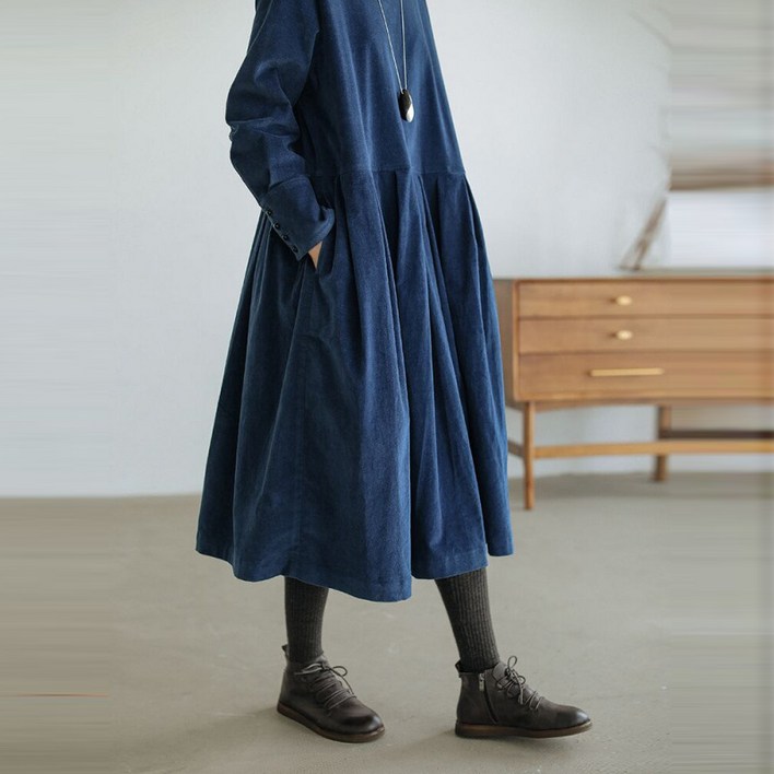 Sorpci여성 코듀로이 원피스 라운드 루즈핏 심플 패션 캐주얼 롱 원피스 골덴 긴팔 롱스커트