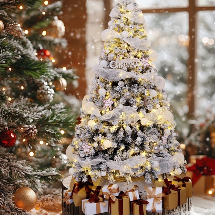 고품질 레트로 미니 크리스마스트리 세트, 받침대, LED 조명 및 다양한 정교한 장식품 포함. 거실, 쇼핑몰 등 실내외 장소에 적합합니다. (트리 본체는 모두 녹색),140cm, 샴페인와인 풀세트