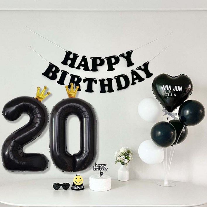 연지마켓 생일가랜드 생일 파티 용품 세트 숫자 하트 풍선 (자유레터링), 1세트, 블랙