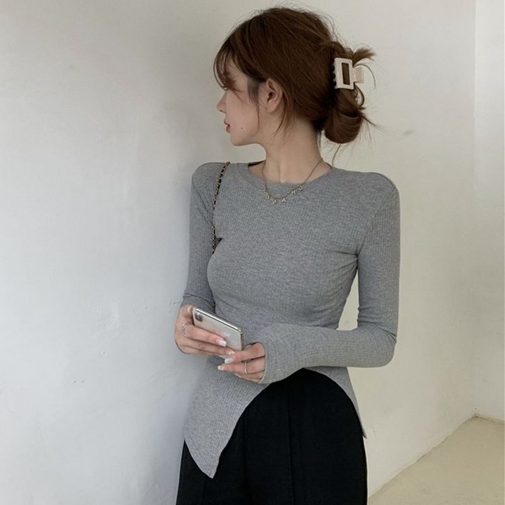 상의 얇은 슬림 여봄  이너 가슴타이트티 순욕 트임 긴팔 로우컷