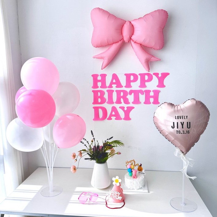 프렌치로즈 4컬러(레터링스티커) 생일 파티 용품 풍선 선글라스+모자 풀구성세트, 핑크, 1세트