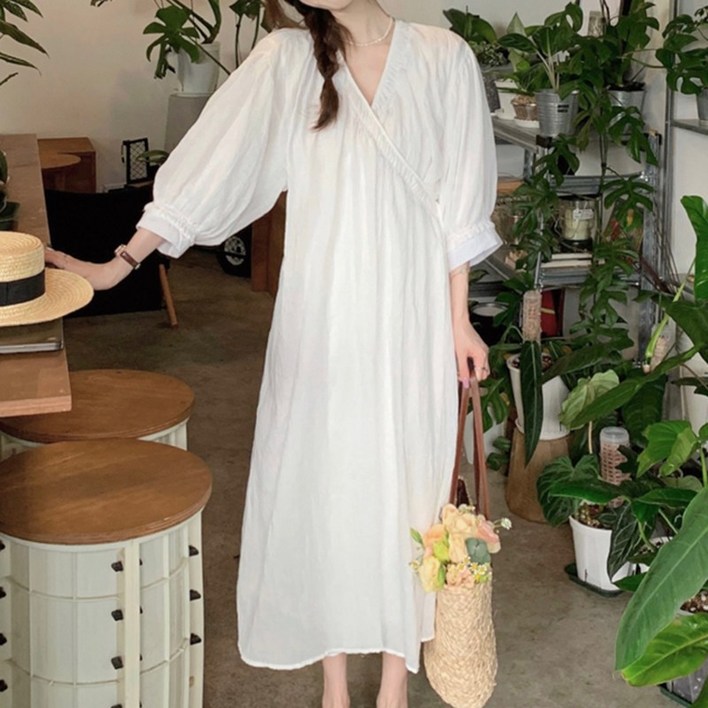스타일아유 휴가 여행룩 여성용 루즈 옆스트링  7부 소매 브이넥 롱원피스 OP1698