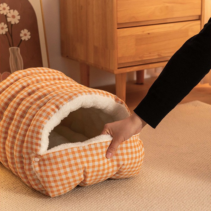 달리발리 체크 쿠션 애완동물 하우스 동굴형 포근한 뽀글이 양털 강아지 고양이 숨숨집 퀼팅 침낭