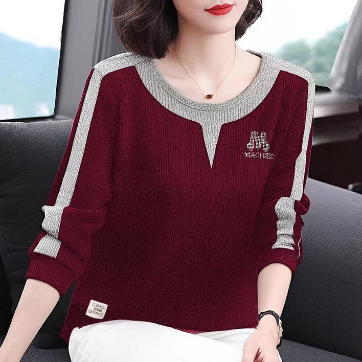 캐주얼 중년 여성 긴팔티 중장년 엄마옷 빅사이즈 라운드 긴팔 티셔츠 봄가을 여자 긴소매 상의 YJW