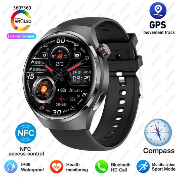 2025New Watch 4 Pro GPS NFC 스마트 워치 남성 360360 AMOLED 스크린 심박수 블루투스 통화 방수 남성 Smartwatch For HUAWEI