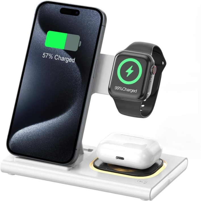 3 in 1 접이식 무선 충전 스테이션 아이폰 161514 애플워치 10울트라2 에어팟 프로 호환 고속 충전 여행용 LED 화이트, 1개