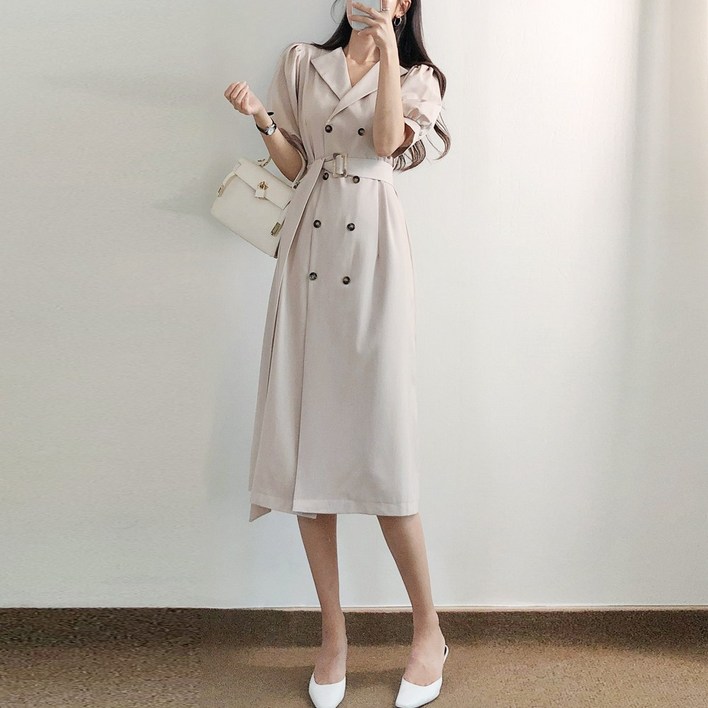 요시아나 당일발송 모니크 카라넥 더블단추 퍼프소매 벨티드 트렌치 스타일 롱 원피스 2컬러