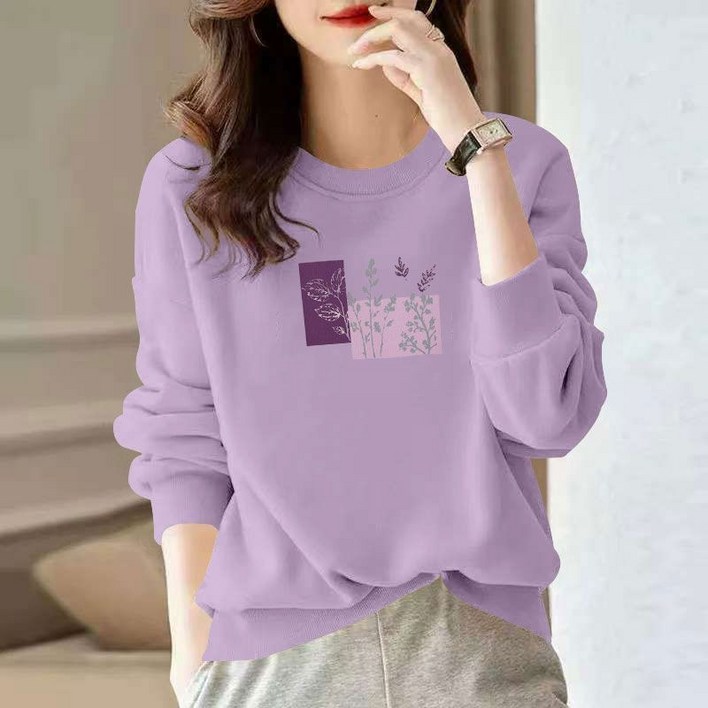 Makone 여성 라운드넥 순면 긴팔 티셔츠 플라워 프린트 패션 캐주얼 데일리 맨투맨