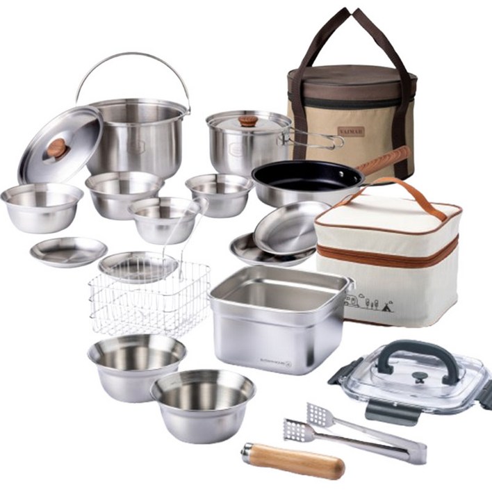 올인원 코펠세트! 스텐 코펠 식기 그릇 접시 튀김 냄비 20종 세트(+휴대용 가방 포함)
