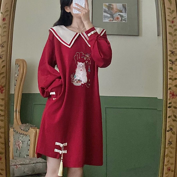 besteffie 여성 가을 겨울신상 귀여운 고양이 프린트 베이비 칼라넥 드레스 넉넉한 핏 루즈핏 원피스 K18