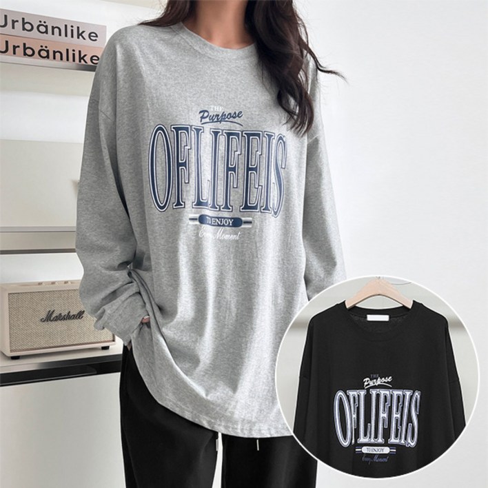 마이쏭 여성 빅사이즈 루즈핏 간절기 가을티 투조이레터링박시롱티