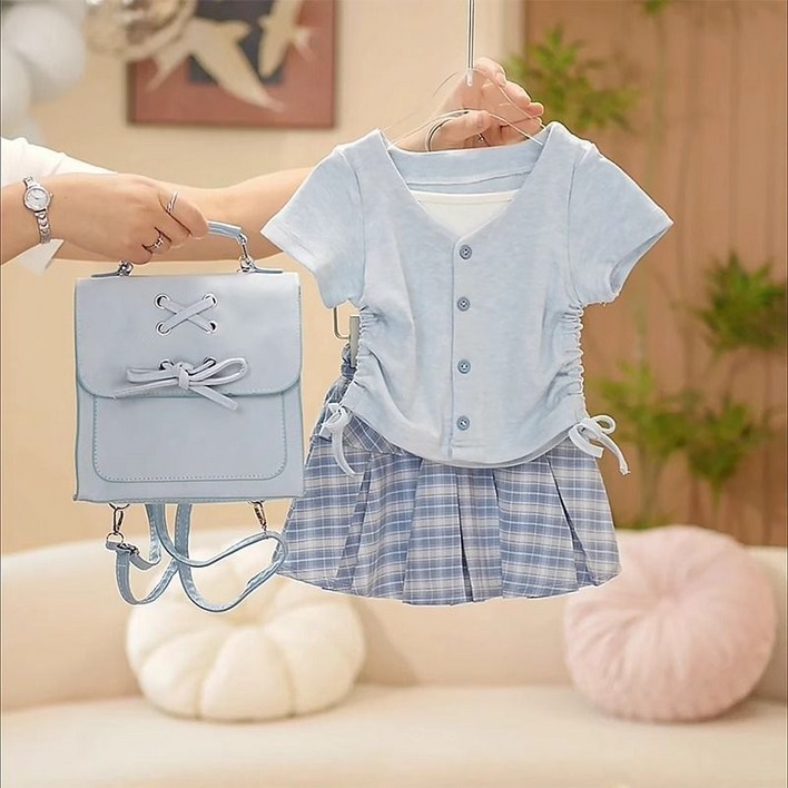 해피유통어린이 여아 캐주얼 반팔 상의와 체크 스커트 세트14세 이상 XG03