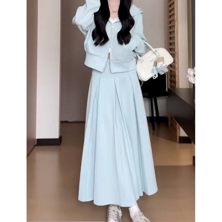 옷깔난다 크롭집업 플레어핀턱스커트세트 온드투피스